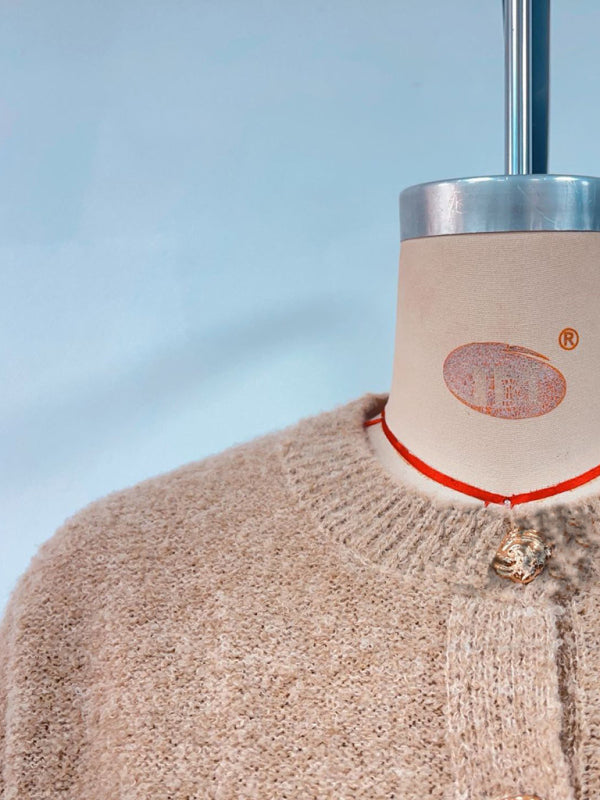 Solid color sweater fashionable knitted sweater round neck button cardigan sweater jacket