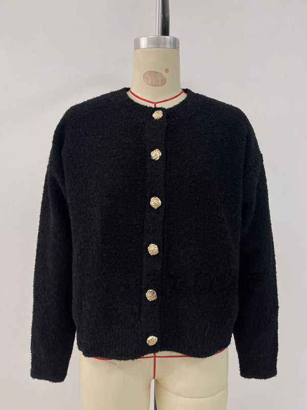 Solid color sweater fashionable knitted sweater round neck button cardigan sweater jacket