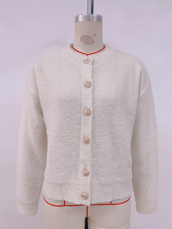 Solid color sweater fashionable knitted sweater round neck button cardigan sweater jacket