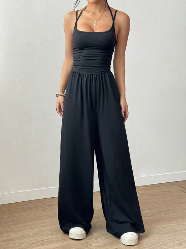 Black suspender waist wide-leg jumpsuit