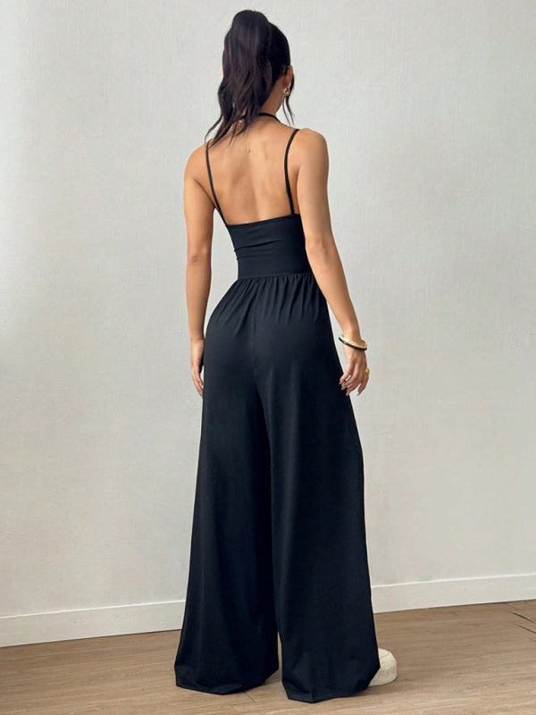 Black suspender waist wide-leg jumpsuit