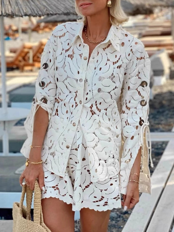 Fashion hollow long-sleeved lace shirt + shorts two-piece set