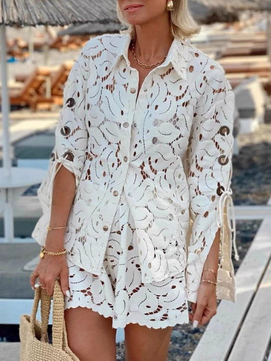 Fashion hollow long-sleeved lace shirt + shorts two-piece set