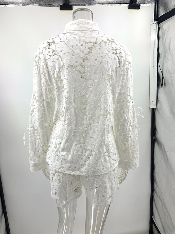 Fashion hollow long-sleeved lace shirt + shorts two-piece set
