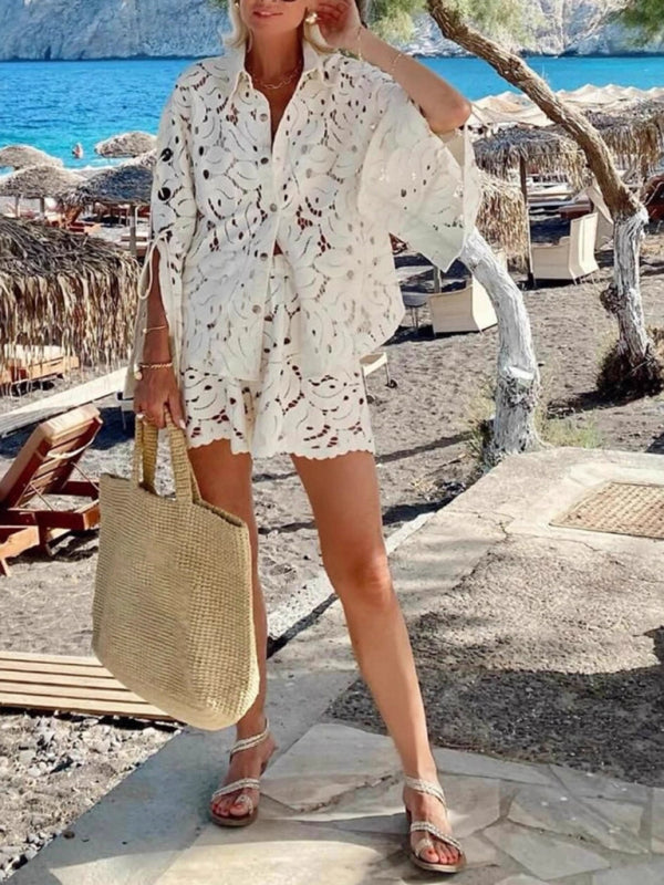 Fashion hollow long-sleeved lace shirt + shorts two-piece set
