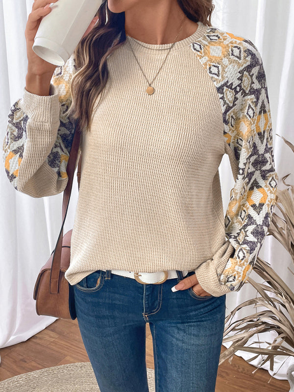 Spliced long-sleeved round-neck ethnic style T-shirt