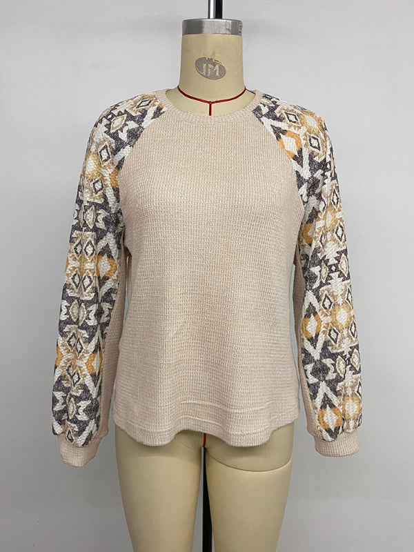 Spliced long-sleeved round-neck ethnic style T-shirt