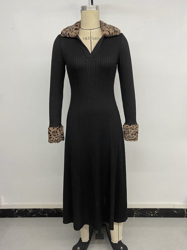 V-neck leopard print colorblock dress-TOPS / DRESSES-[Adult]-[Female]-2022 Online Blue Zone Planet