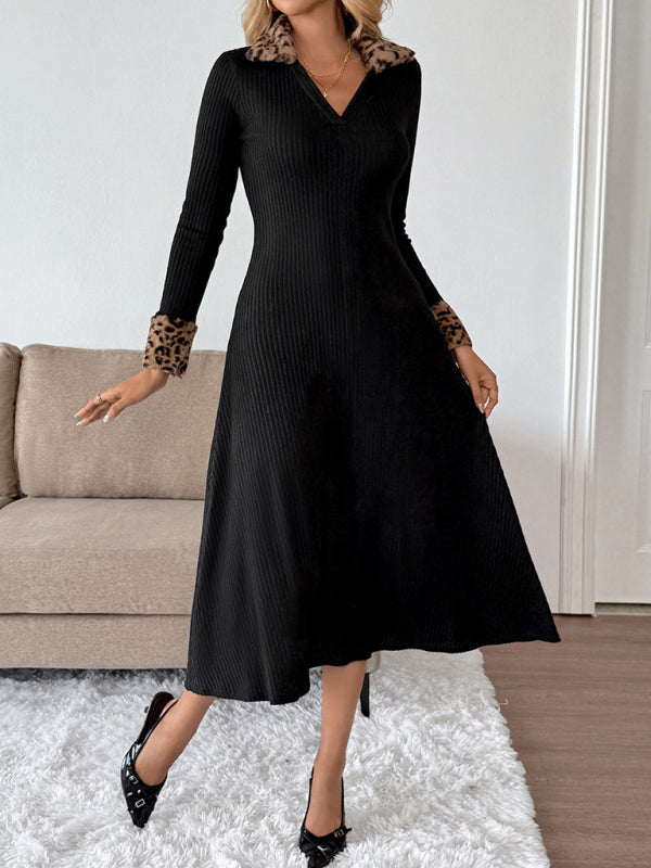 V-neck leopard print colorblock dress-TOPS / DRESSES-[Adult]-[Female]-Black-S-2022 Online Blue Zone Planet