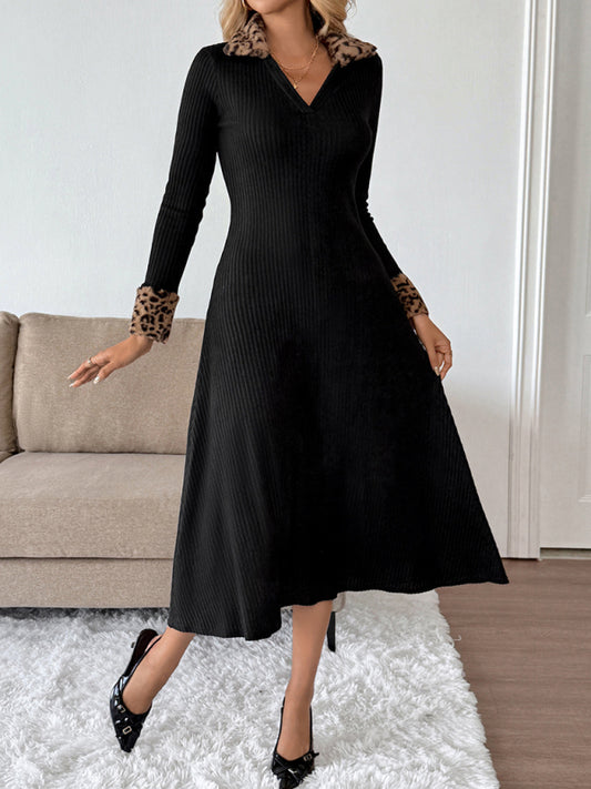 V-neck leopard print colorblock dress-TOPS / DRESSES-[Adult]-[Female]-Black-S-2022 Online Blue Zone Planet