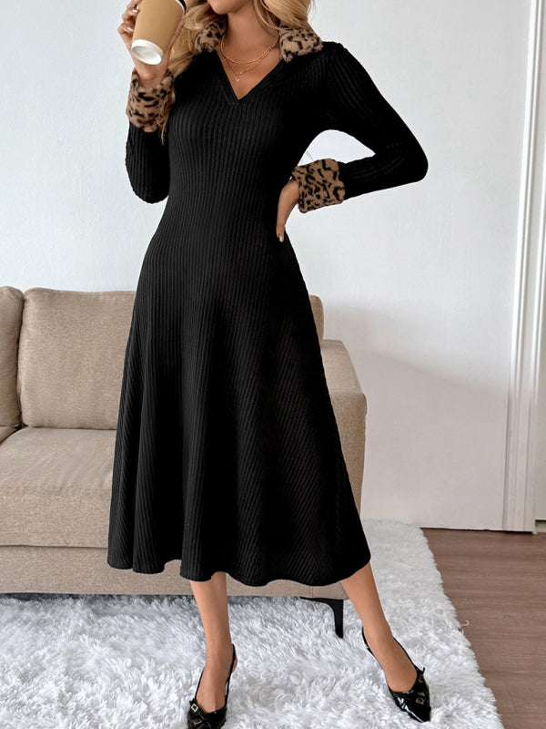 V-neck leopard print colorblock dress-TOPS / DRESSES-[Adult]-[Female]-2022 Online Blue Zone Planet