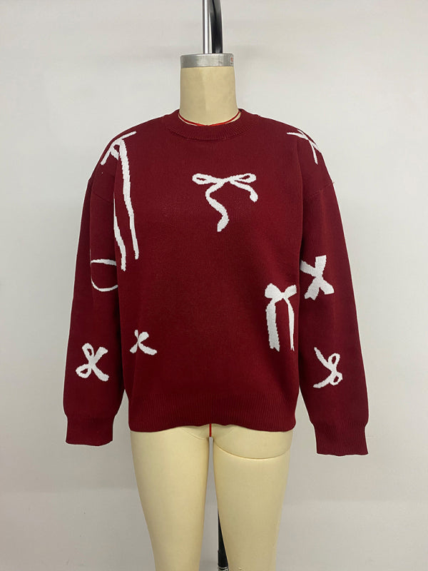 Christmas style sweet round neck bow jacquard sweater-TOPS / DRESSES-[Adult]-[Female]-2022 Online Blue Zone Planet
