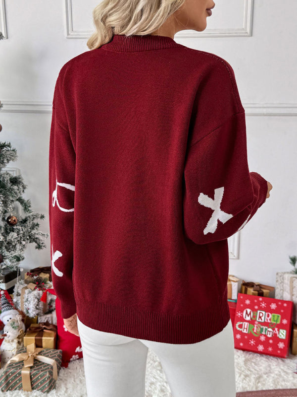 Christmas style sweet round neck bow jacquard sweater-TOPS / DRESSES-[Adult]-[Female]-2022 Online Blue Zone Planet