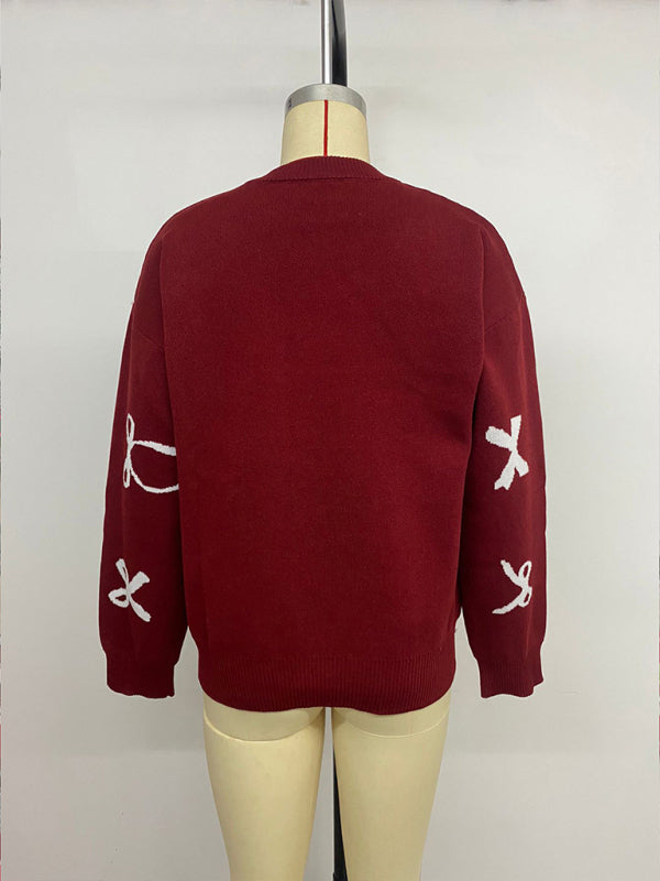 Christmas style sweet round neck bow jacquard sweater-TOPS / DRESSES-[Adult]-[Female]-2022 Online Blue Zone Planet