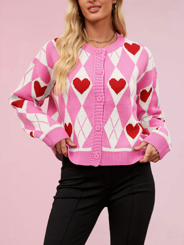 Valentine's Day Cardigan Sweater Heart Knitted Sweater Jacket-TOPS / DRESSES-[Adult]-[Female]-2022 Online Blue Zone Planet