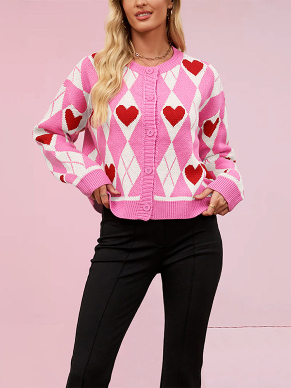 Valentine's Day Cardigan Sweater Heart Knitted Sweater Jacket-TOPS / DRESSES-[Adult]-[Female]-2022 Online Blue Zone Planet