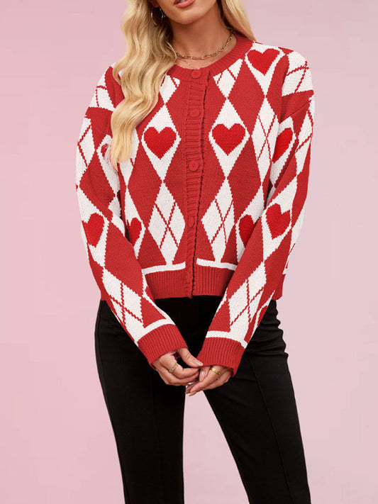 Valentine's Day Cardigan Sweater Heart Knitted Sweater Jacket-TOPS / DRESSES-[Adult]-[Female]-Red-S-2022 Online Blue Zone Planet
