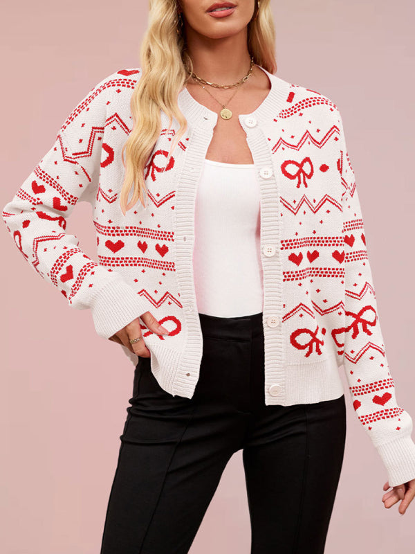 Valentine's Day Cardigan Heart Knitted Jacket-[Adult]-[Female]-White-S-2022 Online Blue Zone Planet