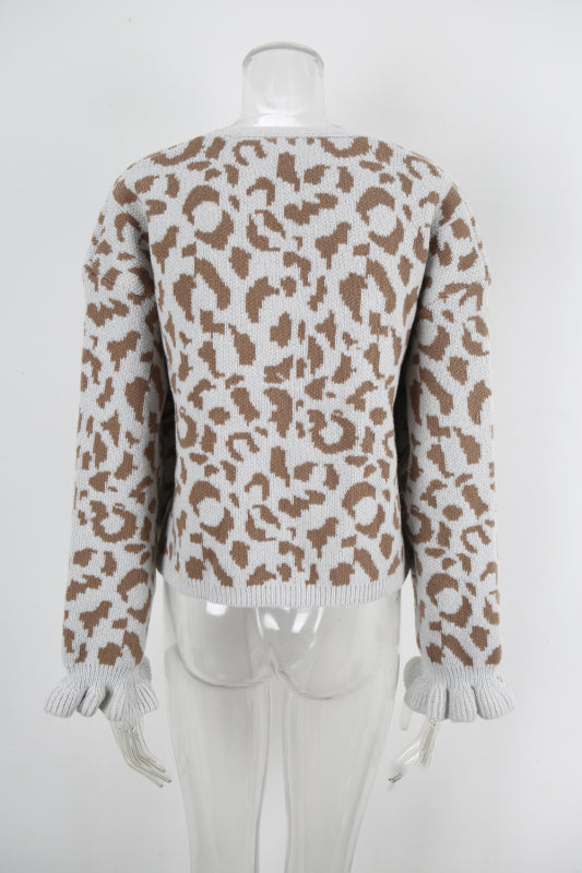 Leopard jacquard tie cardigan knitted cropped sweater jacket-TOPS / DRESSES-[Adult]-[Female]-2022 Online Blue Zone Planet