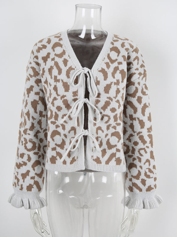 Leopard jacquard tie cardigan knitted cropped sweater jacket-TOPS / DRESSES-[Adult]-[Female]-2022 Online Blue Zone Planet