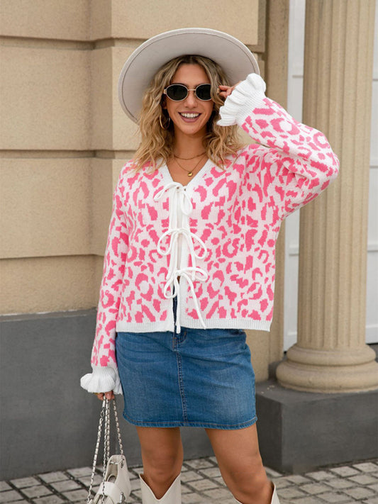 Leopard jacquard tie cardigan knitted cropped sweater jacket-TOPS / DRESSES-[Adult]-[Female]-Pink-S-2022 Online Blue Zone Planet