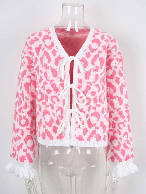 Leopard jacquard tie cardigan knitted cropped sweater jacket-TOPS / DRESSES-[Adult]-[Female]-2022 Online Blue Zone Planet