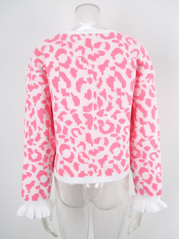 Leopard jacquard tie cardigan knitted cropped sweater jacket-TOPS / DRESSES-[Adult]-[Female]-2022 Online Blue Zone Planet