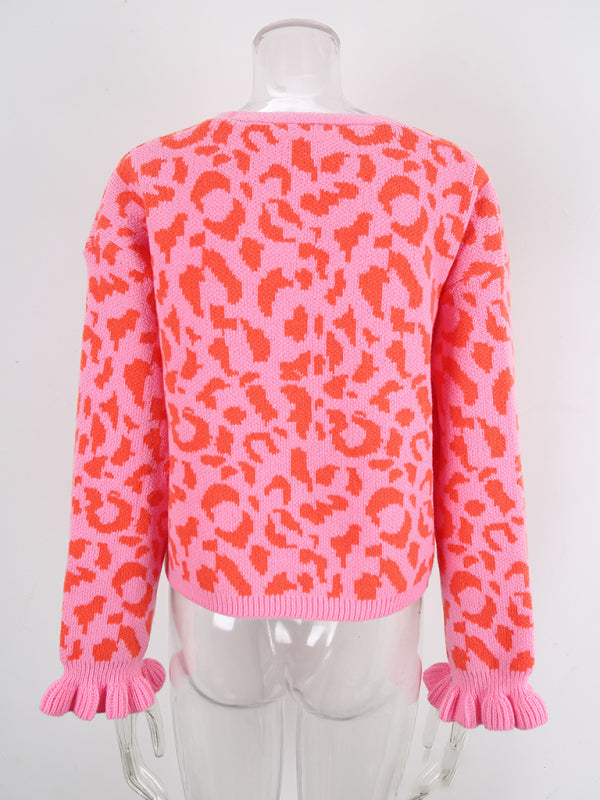 Leopard jacquard tie cardigan knitted cropped sweater jacket-TOPS / DRESSES-[Adult]-[Female]-2022 Online Blue Zone Planet