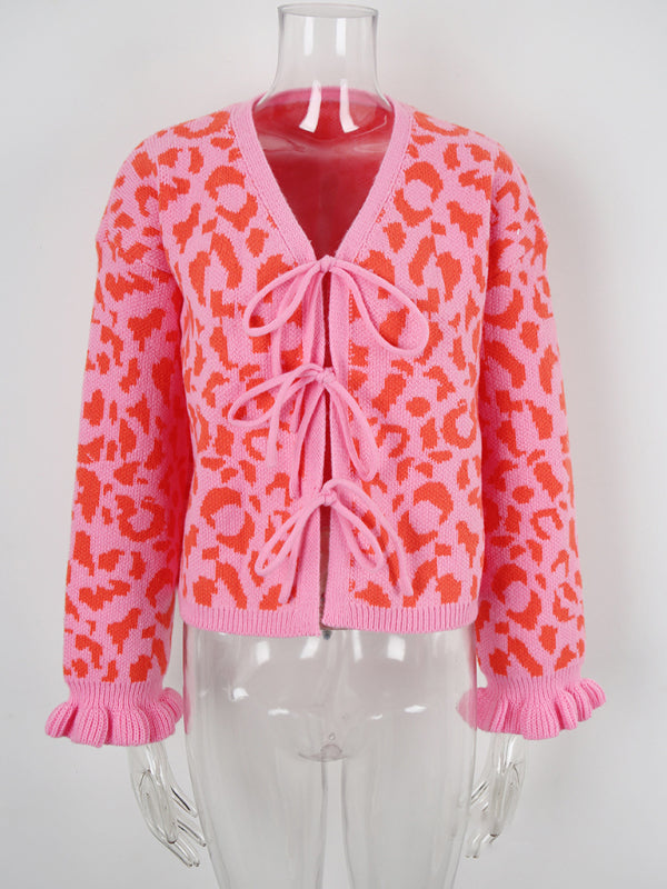 Leopard jacquard tie cardigan knitted cropped sweater jacket-TOPS / DRESSES-[Adult]-[Female]-2022 Online Blue Zone Planet