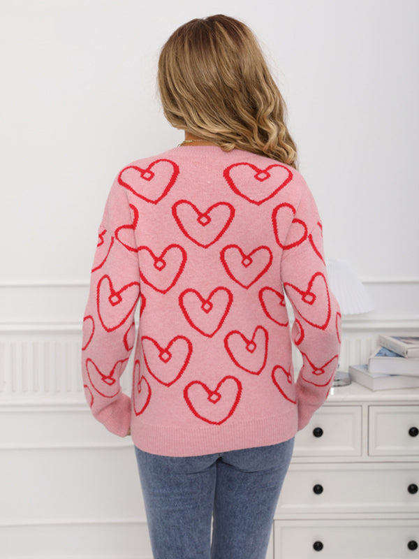 Fashionable round neck heart contrast color sweater loose pullover sweater-TOPS / DRESSES-[Adult]-[Female]-2022 Online Blue Zone Planet