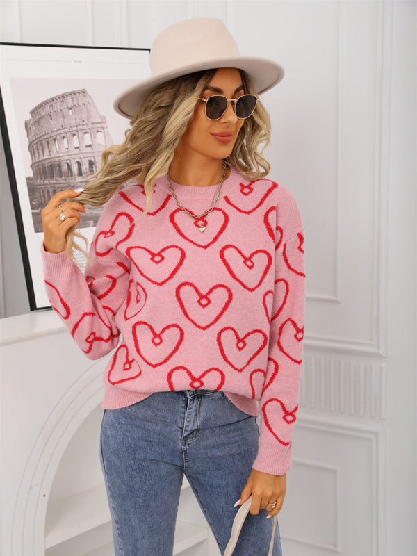 Fashionable round neck heart contrast color sweater loose pullover sweater-TOPS / DRESSES-[Adult]-[Female]-2022 Online Blue Zone Planet