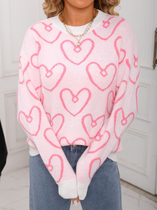 Fashionable round neck heart contrast color sweater loose pullover sweater-TOPS / DRESSES-[Adult]-[Female]-White-S-2022 Online Blue Zone Planet