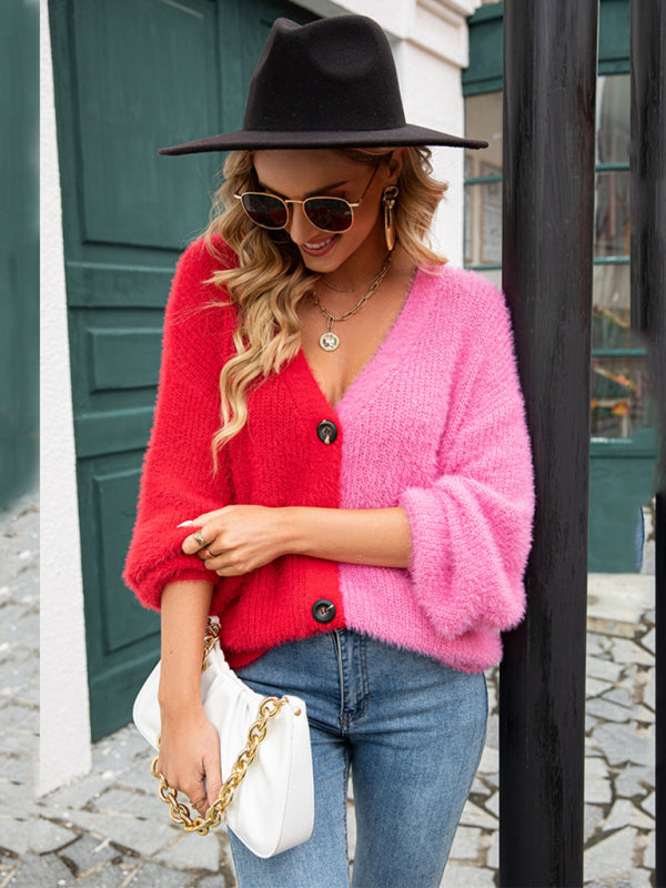 Single-breasted patchwork cardigan sweater-TOPS / DRESSES-[Adult]-[Female]-2022 Online Blue Zone Planet