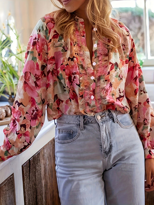 Floral print crew neck long-sleeved shirt top-[Adult]-[Female]-Pink purple-S-2022 Online Blue Zone Planet