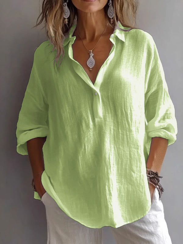 New Solid Color Casual Loose Button V-Neck Shirt-[Adult]-[Female]-Green-S-2022 Online Blue Zone Planet