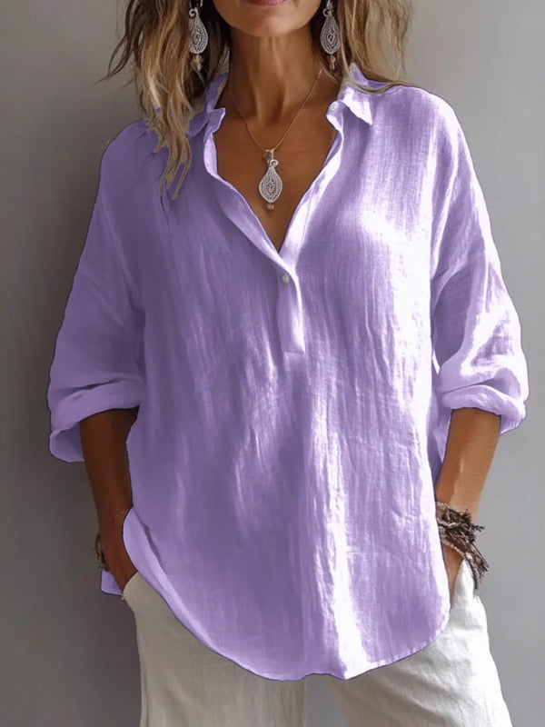 New Solid Color Casual Loose Button V-Neck Shirt-[Adult]-[Female]-Purple-S-2022 Online Blue Zone Planet
