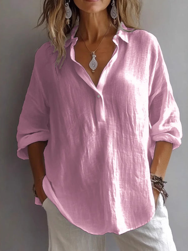 New Solid Color Casual Loose Button V-Neck Shirt-[Adult]-[Female]-Pink-S-2022 Online Blue Zone Planet