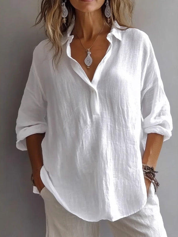 New Solid Color Casual Loose Button V-Neck Shirt-[Adult]-[Female]-White-S-2022 Online Blue Zone Planet