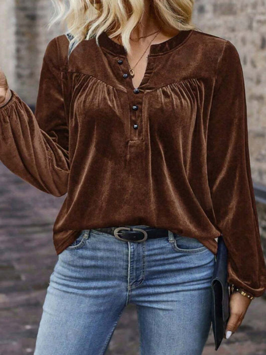Solid Color Pullover V-Neck Casual Button Long-Sleeved Top-[Adult]-[Female]-Coffee-S-2022 Online Blue Zone Planet