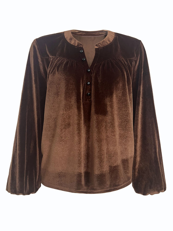 Solid Color Pullover V-Neck Casual Button Long-Sleeved Top-[Adult]-[Female]-2022 Online Blue Zone Planet