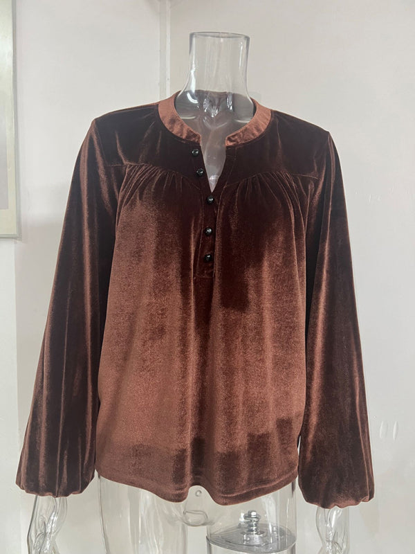 Solid Color Pullover V-Neck Casual Button Long-Sleeved Top-[Adult]-[Female]-2022 Online Blue Zone Planet