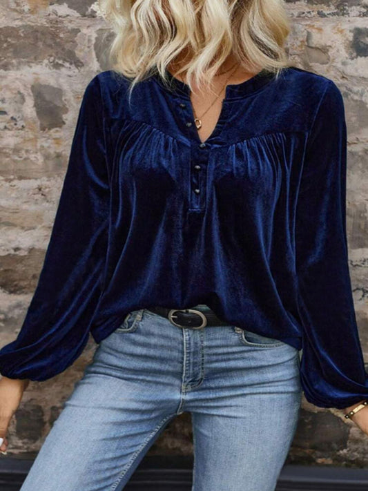 Plus size women's solid color pullover V-neck casual button long-sleeved top