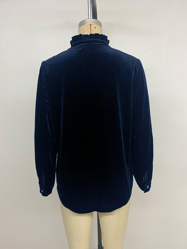 Elegant velvet V-neck shirt-[Adult]-[Female]-2022 Online Blue Zone Planet