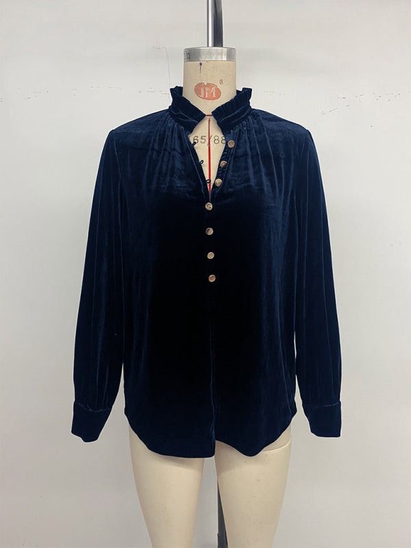 Elegant velvet V-neck shirt-[Adult]-[Female]-2022 Online Blue Zone Planet