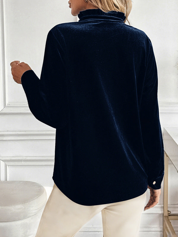 Elegant velvet V-neck shirt-[Adult]-[Female]-2022 Online Blue Zone Planet