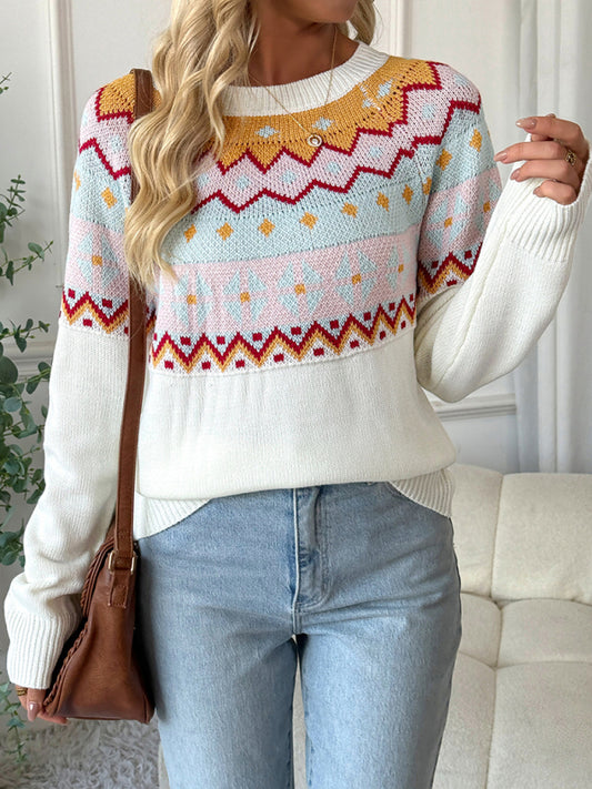 Casual loose contrast jacquard long-sleeved crew neck sweater