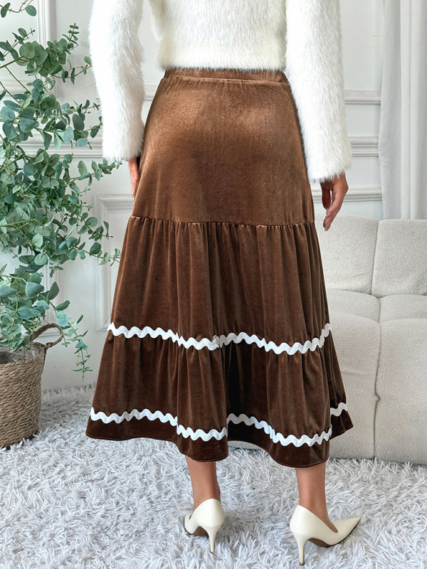 Mid-length lace skirt velvet swing A-line skirt