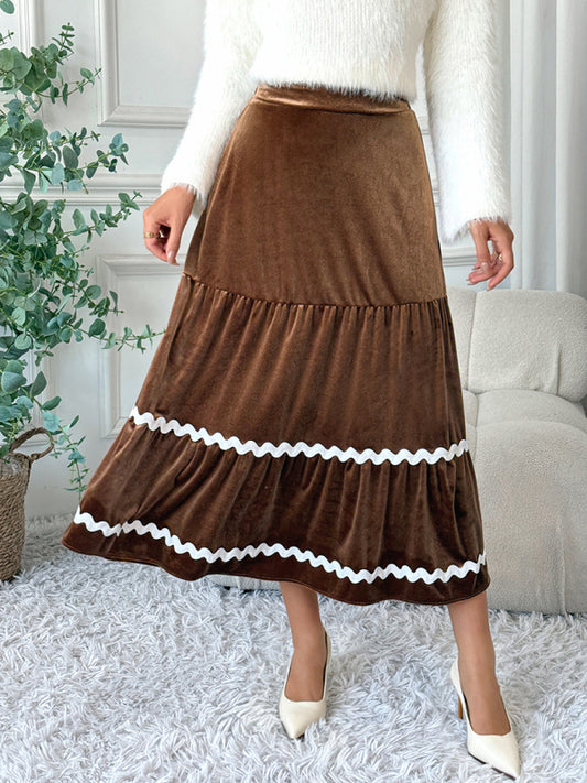 Mid-length lace skirt velvet swing A-line skirt