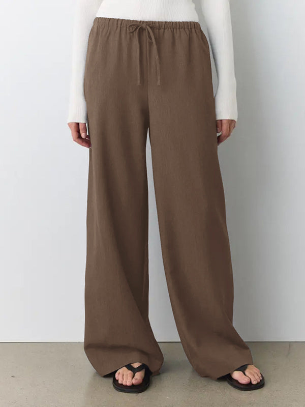Solid color casual elastic waist drawstring straight trousers casual pants-[Adult]-[Female]-2022 Online Blue Zone Planet