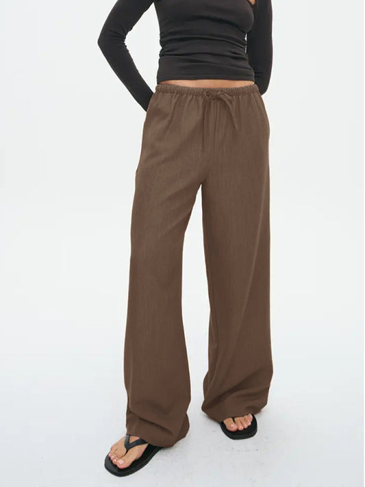 Solid color casual elastic waist drawstring straight trousers casual pants-[Adult]-[Female]-Brown-S-2022 Online Blue Zone Planet